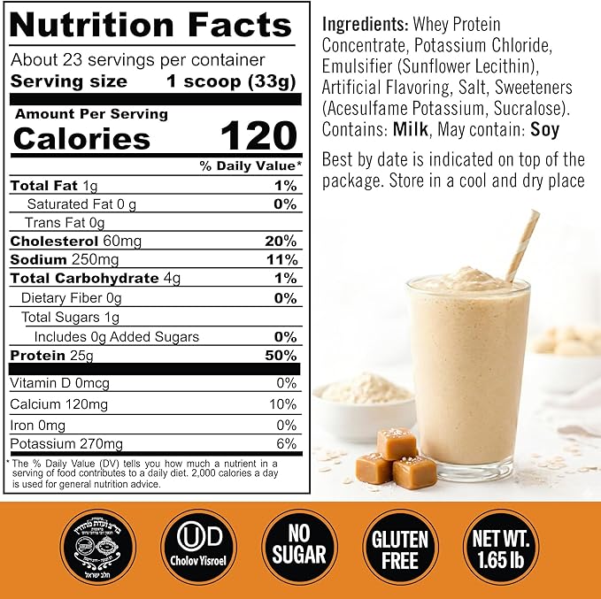 Salted Caramel Protein Powder. 25g Protein Shake Powder for Post Workout Recovery, Smoothie & Baking. Gluten & Sugar Free, Highly Kosher, Amino Acids (5.5g BCAA, 2.7g Leucine), 23 Servings