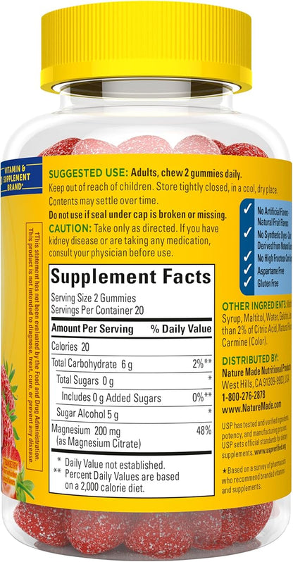 Nature Made Zero Sugar Magnesium Citrate Gummies 200 Mg Per Serving, Muscle & Bone Support, Aspartame Free, 40 Sugar Free High Absorption Magnesium Gummies, 20 Day Supply