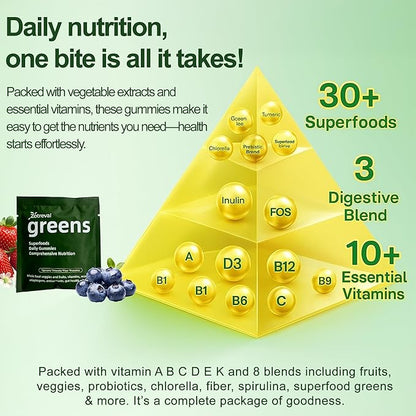 Daily Greens, Superfood Green Gummies Packets - Digestive & Gut Health, Chlorella and Spirulina Supplement with 20+ Organic Prebiotics Fiber Vitamins & Minerals - 224 Low Sugar Gummy