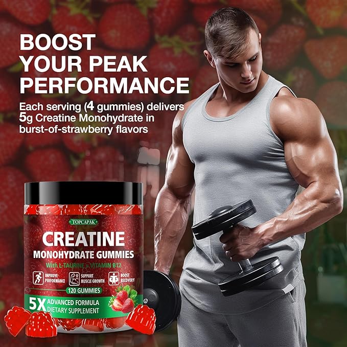 Creatine Gummies for Men & Women - Chewable Creatine Monohydrate Gummies with Taurine & Vitamin B12, 5g Creatine per Serving, Vegan, Strawberry Flavor, 120 Count