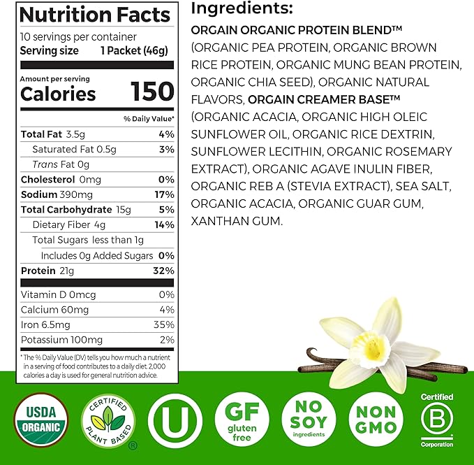 Orgain Organic Vegan Protein Powder, Vanilla Bean - 21g Plant Protein, 5g Prebiotic Fiber, Low Carb, No Lactose Ingredients, No Added Sugar, Non-GMO, 10 Single Serve Individual Packets