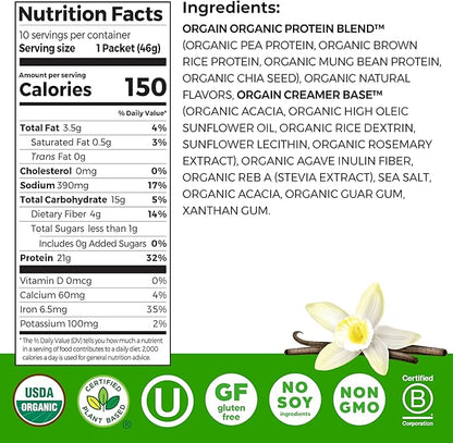 Orgain Organic Vegan Protein Powder, Vanilla Bean - 21g Plant Protein, 5g Prebiotic Fiber, Low Carb, No Lactose Ingredients, No Added Sugar, Non-GMO, 10 Single Serve Individual Packets