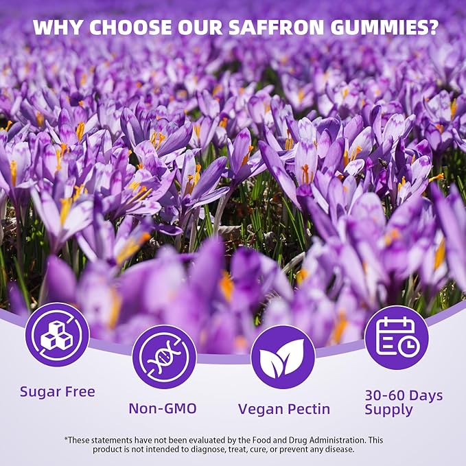 Saffron Supplement Gummies for Kids & Adults Supports Antioxidant Function with Ashwagandha, L-Theanine, Rhodiola Rosea, Lemon Balm, Vitamin D3, B6, Magnesium & Zinc – Raspberry Flavor, 60 Count