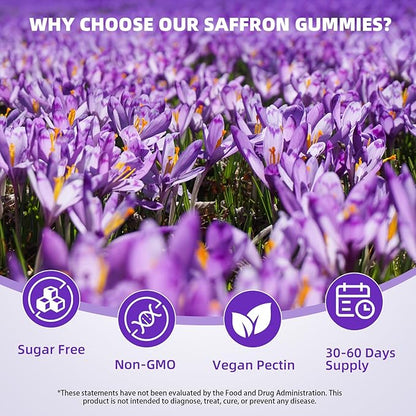Saffron Supplement Gummies for Kids & Adults Supports Antioxidant Function with Ashwagandha, L-Theanine, Rhodiola Rosea, Lemon Balm, Vitamin D3, B6, Magnesium & Zinc – Raspberry Flavor, 60 Count