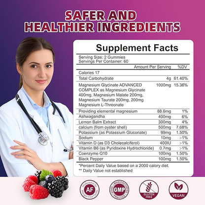 120 CT Magnesium Glycinate Gummies 1000 mg for Women and Men, Magnesium Malate & Taurate Supplements for Sleep, Body Support and Relaxation, Sugar Free, Vegan, Raspberry BlackBerry Blueberry Flavor