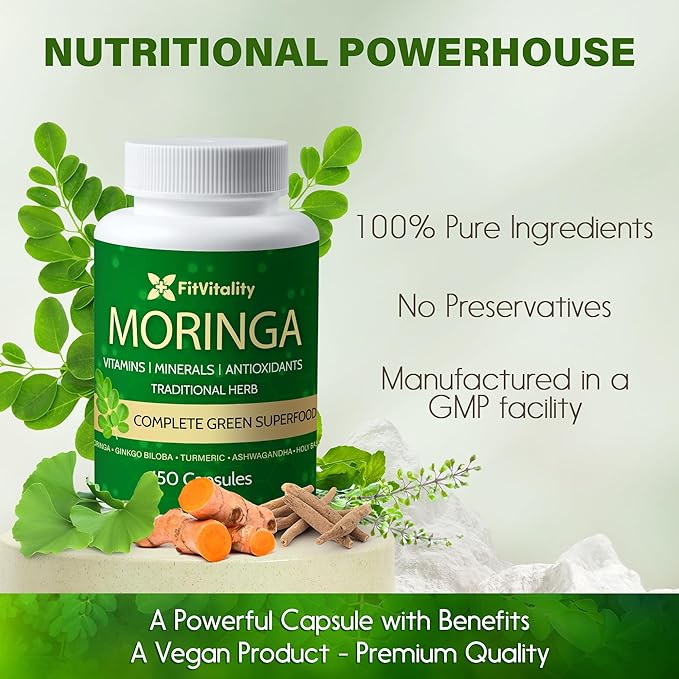150 Veggie Moringa Premium Capsules –Moringa Leaf, Ginkgo Biloba Leaf, Turmeric Extract, Ashwagandha & Tulsi Holy Basil – 100% Natural Herbal Blend.