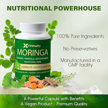 150 Veggie Moringa Premium Capsules –Moringa Leaf, Ginkgo Biloba Leaf, Turmeric Extract, Ashwagandha & Tulsi Holy Basil – 100% Natural Herbal Blend.