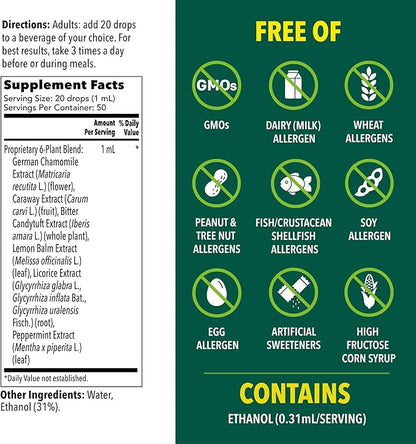 Iberogast Liquid Drops, Herbal Relief of Stomach Upsets: Occasional Indigestion, Bloating, Gas, Nausea, Upset Stomach; Gluten Free; 6-Herb Blend with Iberis Amara, Peppermint, Licorice; 50mL