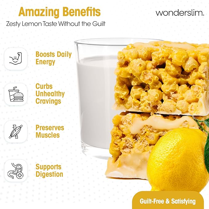 Wonderslim High Fiber Protein Bars, Fluffy Lemon Crisp | 15g Protein, 8g Fiber | Low Sugar, Low Carb | Healthy Indulgence | Satisfying, Supports Energy & On-the-Go Convenience, 7 Pack