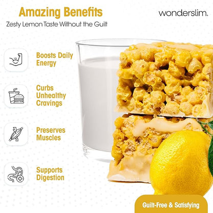 Wonderslim High Fiber Protein Bars, Fluffy Lemon Crisp | 15g Protein, 8g Fiber | Low Sugar, Low Carb | Healthy Indulgence | Satisfying, Supports Energy & On-the-Go Convenience, 7 Pack