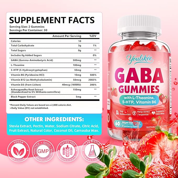 2 Pack GABA Gummies 500mg with L-Theanine, 5-HTP, Vitamins B6, B12, D3 and Ashwagandha, Melatonin-Free, GABA Supplements for Adult, Sugar-Free, Strawberry Flavor, 120 Count