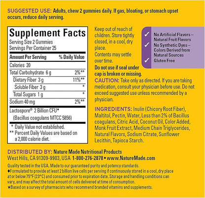 Nature Made Probiotic + Prebiotic Fiber Gummies for Daily Gut Health,Fiber Supplement with Probiotics for Digestive Health Support,50 Gummies,25 Day Supply,(Pack of 2)