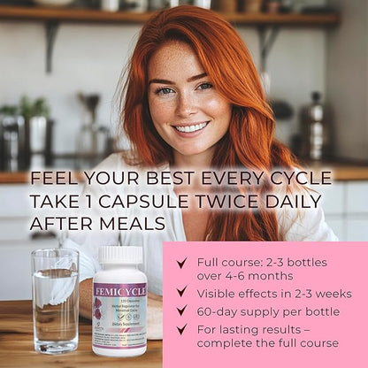 FEMICYCLE Herbal Supplement for Women – PMS, Hormonal & Menstrual Cycle Support – Lodh Tree, Ashoka, Asparagus, Licorice & Turmeric – Period Wellness Formula – 120 Vegan Capsules