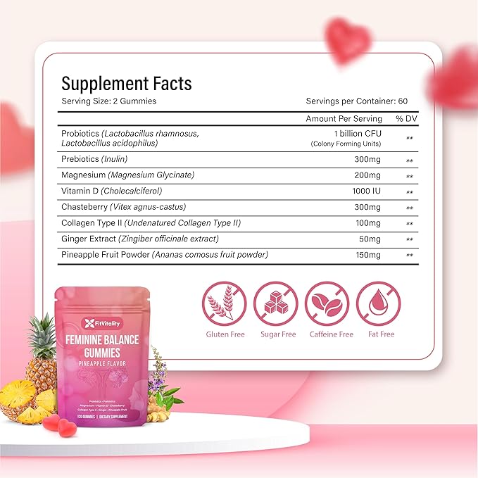 Premium 120 Feminine Balance Gummies – Probiotics, Collagen Type II, Chasteberry, Vitamin D & Magnesium – Gluten-Free, Pineapple Flavor, Vegan