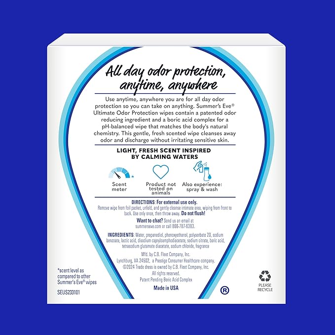 Summer's Eve Ultimate Odor Protection Daily Feminine Wipes, Gentle pH-Balanced Formula with Boric Acid Cleanses & Removes Vaginal Odor, Individually Wrapped Body Wipes, 12 Count (Pack of 2)