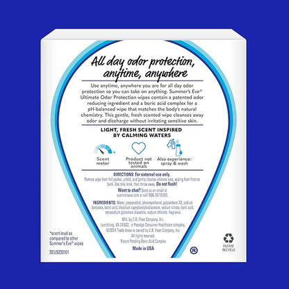 Summer's Eve Ultimate Odor Protection Daily Feminine Wipes, Gentle pH-Balanced Formula with Boric Acid Cleanses & Removes Vaginal Odor, Individually Wrapped Body Wipes, 12 Count (Pack of 2)