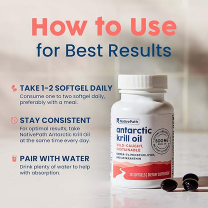 NativePath Wild-Caught Antarctic Krill Oil 500mg - Premium Astaxanthin 200mcg Phospholipid-Bound Omega-3 EPA DHA - Pure Formula GMP Certified Third Party Tested - 30 Softgels