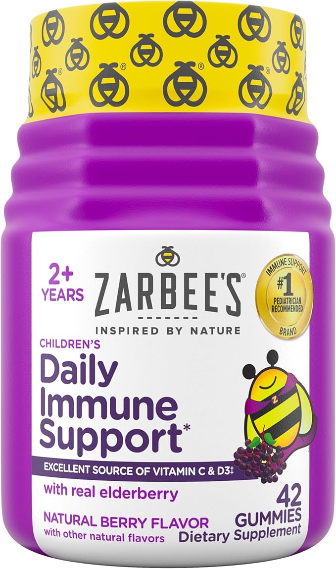 Zarbee’s Kids Elderberry Immune Support Supplement Gummies, Vitamins A C D3 E & Zinc, Elderberry Extract, Gluten & Gelatin Free, No Artificial Flavors, Natural Berry Flavor, Ages 2+, 42 Ct