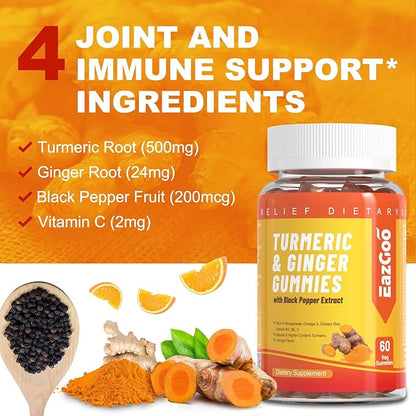 Turmeric Curcumin Gummies 500mg for Adults, with Black Pepper, Ginger Root, Vitamine C, Low Sugar Fruit Gummies, Orange Flavor - 60 Counts