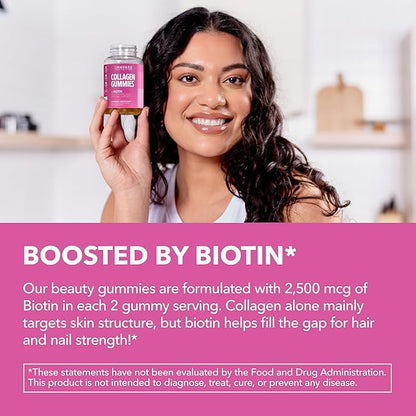 Collagen Gummies for Women and Men with 2500mcg Biotin, Zinc, Vitamin C & E - Hydrolyzed Collagen Gummies for Hair, Skin & Nail Support - Biotin and Collagen Gummies - Lemon Flavor - 30 Servings
