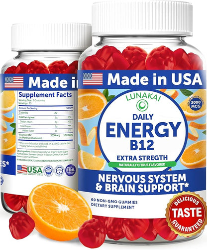 Lunakai USA Made Vegan Energy Gummies – Daily Energy Supplements – 3000mcg Vitamin B12 Gummies for Women & Men – for Home or On‑the‑Go Use, 60ct