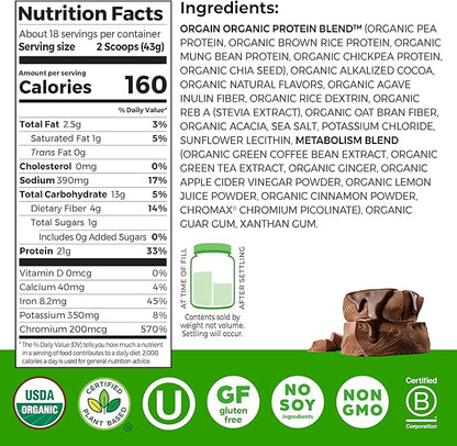Orgain Organic Protein + Metabolism Blend Powder, Chocolate Fudge - 21g Plant Protein, 5g Prebiotic Fiber, No Lactose Ingredients, Low Sugar, Non-GMO, for Shakes & Smoothies, 1.71 lb