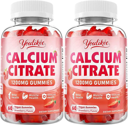 2 Pack Calcium Citrate Gummies 1200 mg, Calcium Supplement for Women & Men, Ultimate Absorption Calcium Gummies for Bone, Muscle & Immune Support, Strawberry Flavor, 120 Count