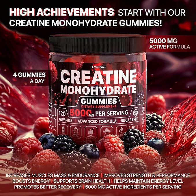 Creatine Monohydrate Gummies 5000 mg – Vegan, Sugar-Free Pre Workout Creatine for Men & Women – Raspberry & BlackBerry Flavored Chewable Creatine Monohydrate, 120 Gummies (30-Day Supply)