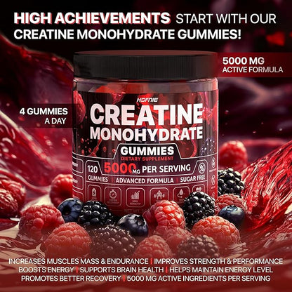 Creatine Monohydrate Gummies 5000 mg – Vegan, Sugar-Free Pre Workout Creatine for Men & Women – Raspberry & BlackBerry Flavored Chewable Creatine Monohydrate, 120 Gummies (30-Day Supply)