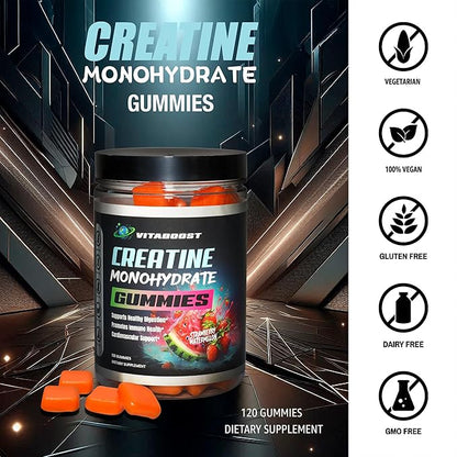 VitaBoost Creatine Gummies 5g- Natural Creatine Monohydrate for Men & Women- Delicious Strawberry Watermelon Flavor- Boost Strength, Energy & Muscle Growth- Vegan Pre Workout Gummies- Made in USA