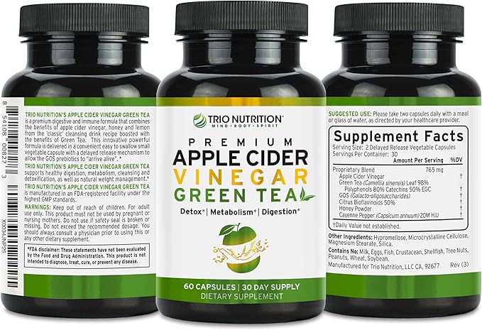 TRIO NUTRITION Apple Cider Vinegar Capsules with Green Tea - Natural Sugar Free Apple Cider Vinegar Pills with the Mother for Body Cleanse, Immune, Weight Management & Metabolism Booster*