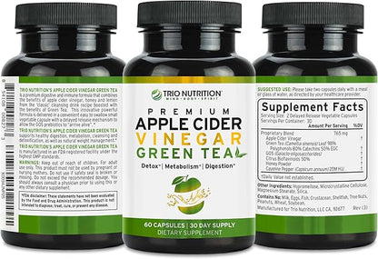 TRIO NUTRITION Apple Cider Vinegar Capsules with Green Tea - Natural Sugar Free Apple Cider Vinegar Pills with the Mother for Body Cleanse, Immune, Weight Management & Metabolism Booster*