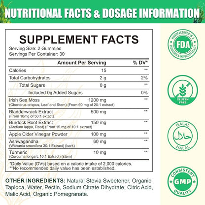 Irish Sea Moss Gummies: Seamoss Gummies Supplement with Bladderwrack Burdock Root & Ashwagandha Boosts Immune Support Gut Health Vegan Supplement for Adults & Kids 60 Gummies