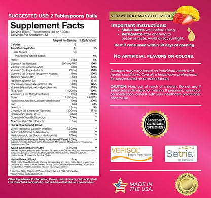 Tropical Oasis Women's Liquid Multivitamin + Hair Growth | Clinically Tested for Thicker Hair, Wrinkles, Brighter Skin, Strong Nails | 2.5g Verisol Collagen | Biotin 12500mcg | 32 Serv