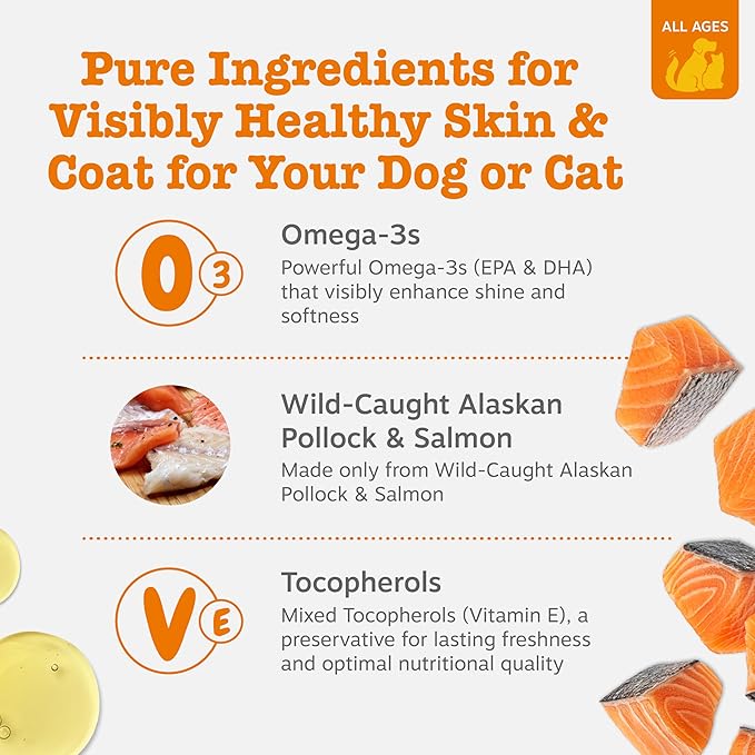 Zesty Paws Wild Alaskan Omega-3 Blend Pollock + Salmon Oil for Dogs and Cats- Skin and Coat Support, Omega 3 Supplement for Pets, 32oz