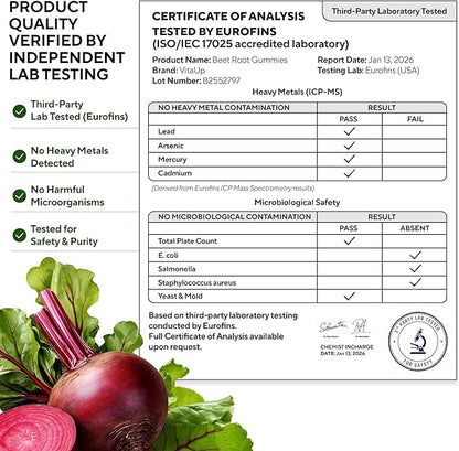 VitaUp Beet Root Gummies – Beetroot Supplement with CoQ10, Grape Seed, Vitamin C, B12 & B3 – Nitric Oxide Gummies for Circulation Support – Beet Supplement for Energy & Immune Support – 60 Beets Chews
