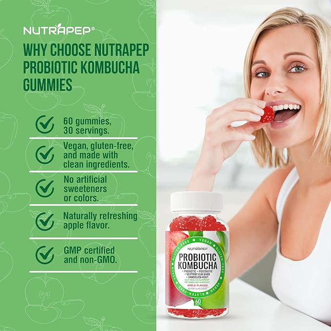 NutraPep Probiotic Kombucha Gummies - Women Men Probiotic Prebiotic Probiotic Blend for Gut Health Bloating Metabolism Support with Slippery Elm Bark Dandelion Root - Vegan Gluten Free Apple Flavor