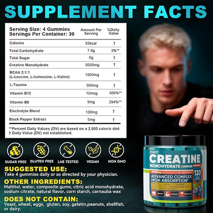 99.99% Creatine Monohydrate Gummies for Men Women 5g, 7-in-1 Pre-Workout Complex with BCAA, Taurine, B12/6 & Electrolytes, 6X Boost Energy, Muscle Strength & Recovery, Brain Focus, Vegan, Sugar Free