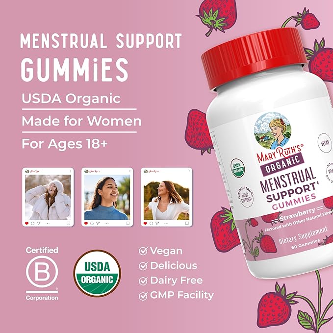 MARYRUTH'S Organic Menstrual Support Gummies for the Relief of Common Symptoms of Premenstrual Syndrome | PMS Support | Premenstrual Mood Support | USDA Organic | Non-GMO | Vegan | 30 Servings