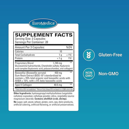 EuroMedica Collagen Joint Complex - Collagen Supplement for Joint Health Support - Dietary Supplement with Boswellia Extract & Type II Collagen - Lower Back & Knee Support Supplement - 60 Capsules