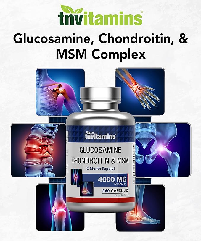 tnvitamins Glucosamine Chondroitin MSM Capsules, 240 Count | 4,000 mg Per Serving | 2,000 mg Glucosamine Sulfate 2KCl + 2,000 mg MSM & Chondroitin Blend | Joint Support Supplement