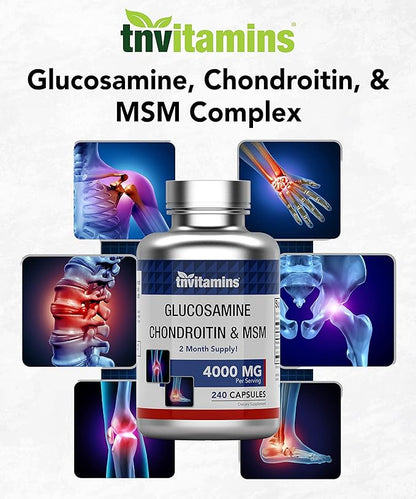 tnvitamins Glucosamine Chondroitin MSM Capsules, 240 Count | 4,000 mg Per Serving | 2,000 mg Glucosamine Sulfate 2KCl + 2,000 mg MSM & Chondroitin Blend | Joint Support Supplement