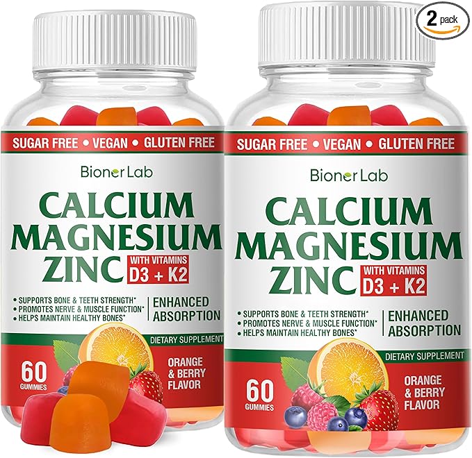 BionerLab Calcium Magnesium Zinc Gummies with Vitamin D3 & K2 - High Potency Enhanced Absorption - Orange and Berry Flavored