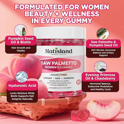 Saw Palmetto for Women Gummies, Organic Saw Palmetto with Pumpkin Seed Oil for Hair Growth, DHT Blocker & Urinary Health, Sugar Free, Vegan, Peach Flavor, 60 Chewable