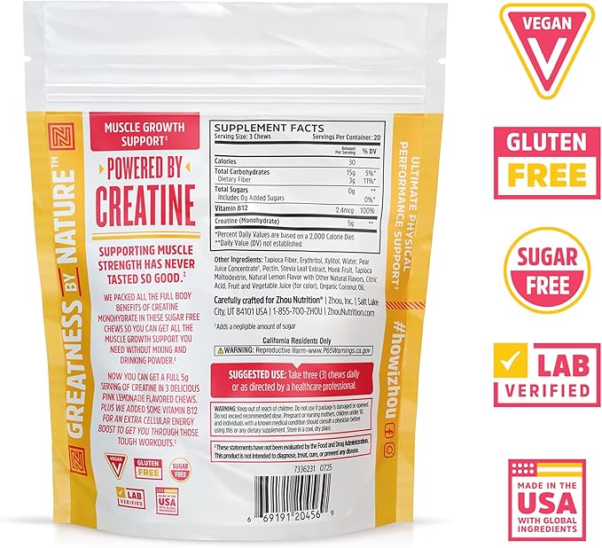 ZHOU Nutrition Creatine Monohydrate Chewables 5g for Men & Women, Sugar Free, Organic, Non GMO, Pink Lemonade, 60 Creatine Gummies