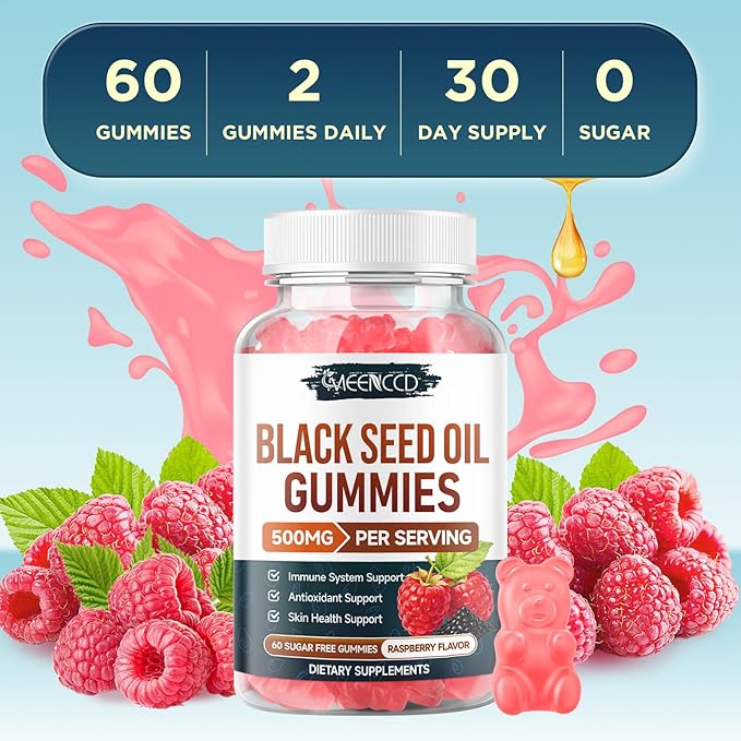 MEENCCD Black Seed Oil Gummies, Nigella Sativa Black Seed Oil Supplement for Antioxidant Support, Vegan, Non-GMO, Suagr-Free, Raspberry Flavor, 60 Count