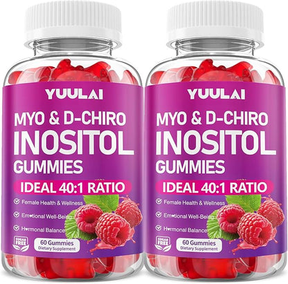 Pack of 2 Myo-Inositol & D-Chiro Inositol Gummies, 40:1 Ratio Inositol Supplement with Vitamin D3, Magnesium Glycinate, Folate & Zinc, for Female Health & Wellness, Raspberry Flavor, 120 Count