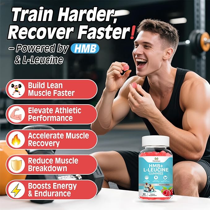2 Pack Hmb and Leucine Gummies Supplements for Men Women, 4000mg HMB & L-Leucine Amino Acid for Muscle Growth & Fast Work0ut Recovery, Non-GMO, Gluten-Free, Raspberry Flavor,120 Count