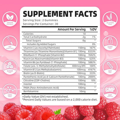 Vitamin B Complex Gummies, All B Vitamins + Methyl B12, B1, B2, B3, B5, B6, Biotin, Methylfolate, Vitamin C, Choline, Inositol, PABA for Energy & Immune Support, Raspberry Flavor, 60 Count
