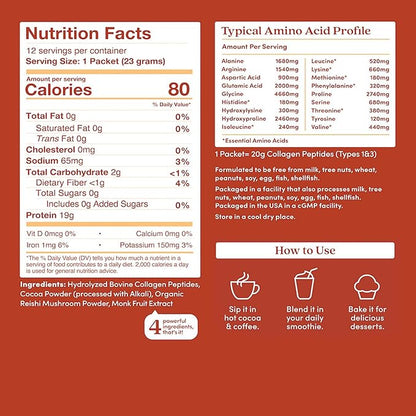 Further Food Chocolate Collagen Peptides Powder with Reishi Mushroom - 100% Grass-Fed, Hydrolyzed Type 1 & 3, 20g of Collagen per Serving, Supports Skin, Hair, Nails & Joints, Stick Packs, 9.74 Oz